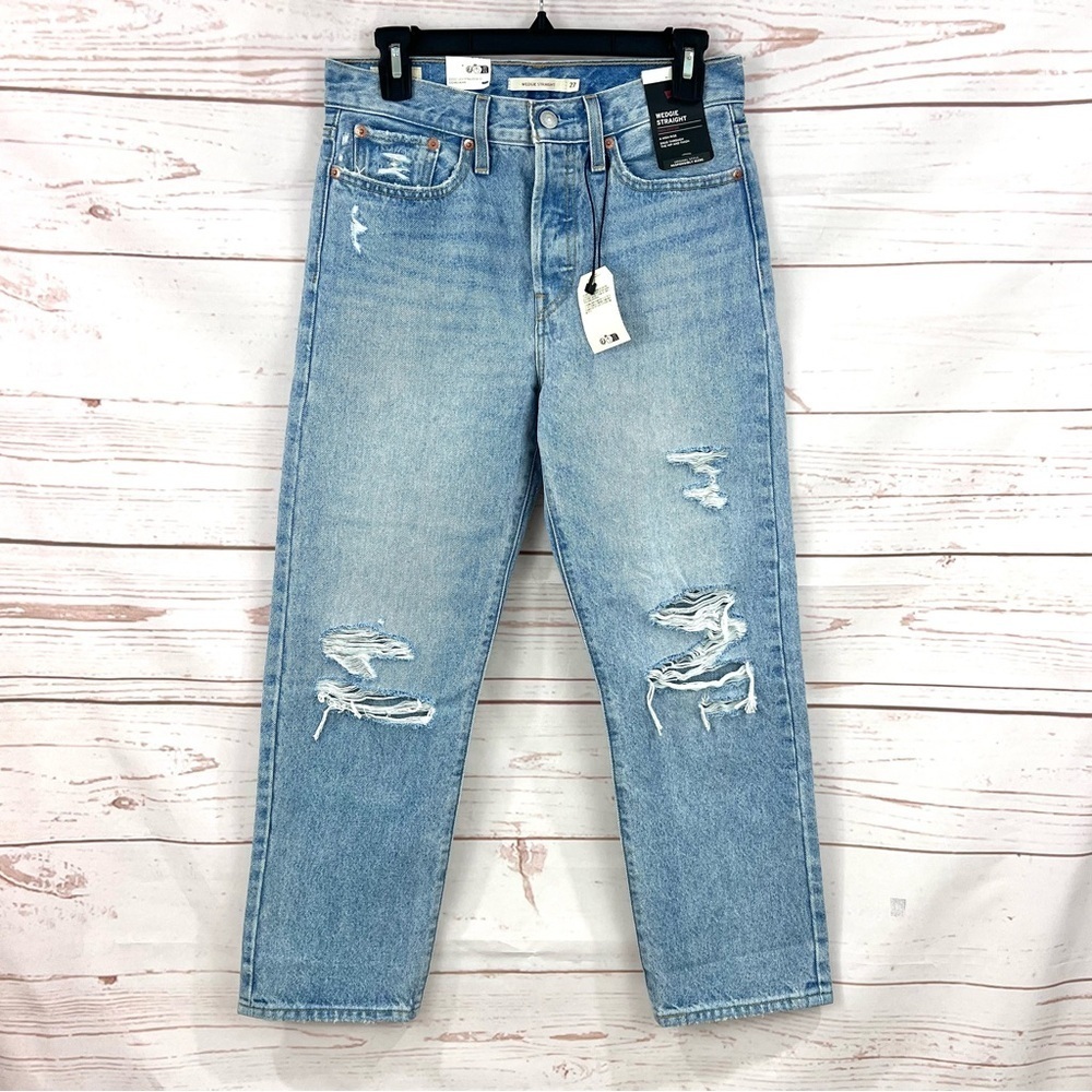 Levi’s High Rise Light Wash Distressed Wedgie Straight Wide Leg Crop Rigid Jeans